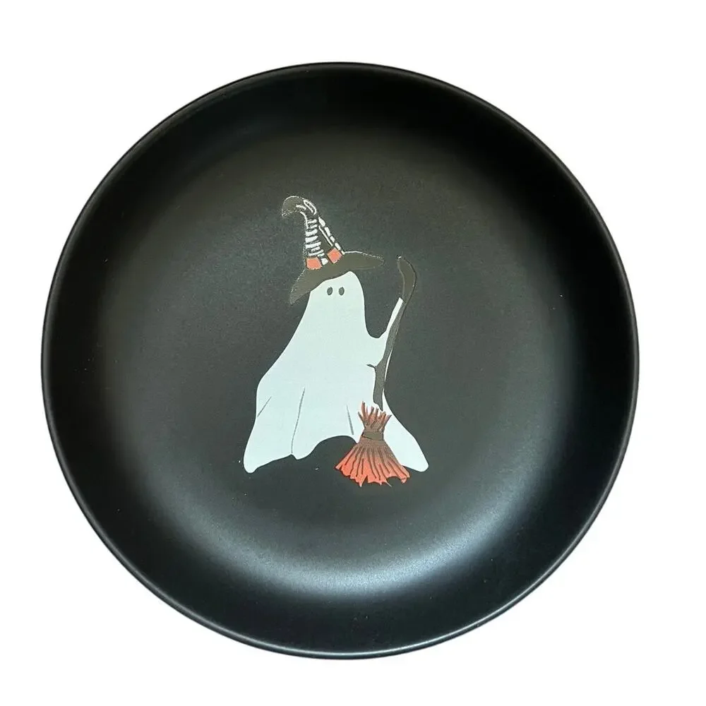 Potchen Halloween Ghost Plates Set of 4 Ceramic Appetizer Dishes Black Spooky
